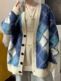 Foesce Lattice Mohair Knitted Cardigan Sweater Men's Loose Casual Patchwork Color V-neck Single Button Wear Out Tops
