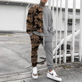 Foesce men's spring and autumn two-piece long-sleeved round neck T-shirt trousers casual loose printing transport suit