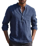 Foesce Men's Casual Cotton Linen Shirts Solid White V Neck Men Long Sleeve Shirt Button Pocket Tops Blouse Pullovers Camisas De Hombre
