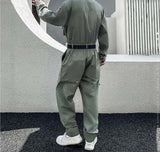 Men Jumpsuits Solid Lapel Long Sleeve Streetwear Fashion Casual Rompers Button Men Cargo Overalls With Belt S-5XL