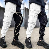 Joggers Cargo Pants Reflective Stripe Fashion Streetwear Hip Hop Sweatpants Black White Patchwork Hipster Mens Trousers
