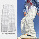 White Hip Hop Jeans Striped Tassel Frayed Straight Baggy Jeans Pants Harajuku Male Female Solid Streetwear Casual Denim Trousers