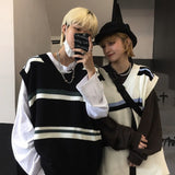 Couples Knitted Sweater Vest Japanese Pullover Retro Men Korean Fashion Loose Stripe Loose Casual Harajuku V Neck Golf Vest Men