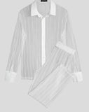 Foesce Fashion Men Sets Mesh Patchwork Transparent Streetwear Lapel Long Sleeve Shirt & Pants Sexy Men Suits Two Pieces