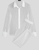 Foesce Fashion Men Sets Mesh Patchwork Transparent Streetwear Lapel Long Sleeve Shirt & Pants Sexy Men Suits Two Pieces