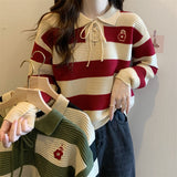 korean Bottoming Shirt Women's red Top Striped patchwork casual Loose Doll Collar Knit Sweater women Pullover All-match Sweaters