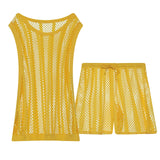 Mens Undershirt Set Mesh Tank Tops Boxers Sexy Sheer Fishnet Hollow Sleeveless Singlet Shorts Nightwear