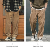 Foesce Maden Japanese Retro Loose Corduroy Pants Wide Leg Mid Waist Striped Velvet Straight Trousers Men's Winter Casual  Cargo Pants