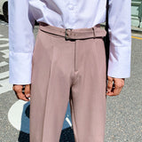 Korean Belt Suit Pants Men Fashion Solid Color Casual Dress Pants Men Loose Straight Trousers Mens Office Formal Trousers
