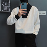 Fashion Patchwork Fake Two Piece Shirts Men Knitting Long Sleeve Button Turn-down Collar Tops Fall Leisure Shirt Streetwear