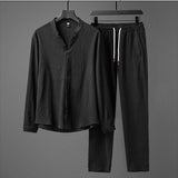 Foesce Men's Chinese Style Tang Suit Long-sleeved T-shirt +pant Breathable V-neck Shirt Two-piece Autumn Casual Sports Suit