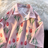France Romantic Pink Flower Floral Button Up Shirt Loose Casual White Elegant Ladies Blouses Tops Summer Kawaii Hawaii Beach Tee