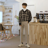 Autumn Winter Men's Fashion V-neck Plaid Sweater Tops Men Korean V-neck Knitted Tops Male Long Sleeve Loose Jumpers