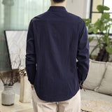 Men Casual Shirt Solid Retro Button Stand Collar Tops Cotton Linen Long Sleeve Chinese Traditional Shirts Men Streetwear