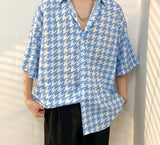 Foesce Men Short Sleeve Casual Loose Blouse Kpop Fashion Houndstooth Shirts Masculina Camisa Top blusas Homme Ropa Male Streetwear