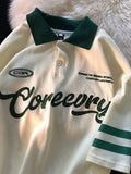 Foesce Vintage Short Sleeve Tees for Men  Summer New  Collar American Letter Baggy Women T-shirt Student  Button Preppy Tops