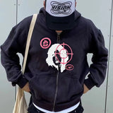Y2K American retro letter print zipper cardigan sweater men and women high street Harajuku street ins loose casual hooded jacket
