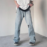 Mens Trousers Retro Cross Patch Distressed Straight Jeans Pants High Street Streetwear Fashion Loose Washed Denim Pants Unisex