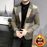 Men's Suit Jacket Winter New Slim Fashion Plaid Casual Business Casual British Style Dress Wool Warm Blazers Coat Groom
