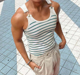 Tops American Style Men's Horizontal Stripe Blue&White Strap Buckle Design Vests Casual Men's Sports Knit Waistcoat