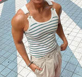 Tops American Style Men's Horizontal Stripe Blue&White Strap Buckle Design Vests Casual Men's Sports Knit Waistcoat