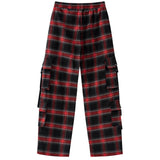 Men's Vintage Straight Pants Plaid Baggy Drawstring Trousers Multi-pocket Design Fall Hip Hop Casual Fashion Streetwear