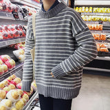 Fashion O-Neck Knitted Spliced All-match Striped Sweater Men's Clothing Autumn New Casual Pullovers Long Sleeve Korean Tops