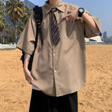 Foesce Preppy Shirts Men M-3XL Baggy Unisex Teens Casual Camisas Vintage Minimalist Pure 3-Colors Fashion Korean Style Clothing Summer