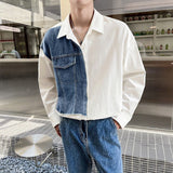 Fall Turn-down Collar Casual Tops Daily Streetwear Mens Patchwork Denim Shirt Clothes Fashion Long Sleeve Button Shirts For Men