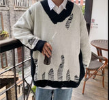 Men Hip Hop Streetwear Hole Sweater Retro Harajuku Sweater Knitted Pullovers Ripped Sweater Oversized Winter Clothes Men