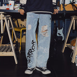 Wholesale Fashion Teenagers Loose Straight Washed Blue Denim Jeans Male Korean Ripped Hole Graffiti Ankle Length Pants