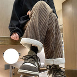 Winter Thick Warm Corduroy Pants Men Couple Straight Casual Trousers Solid Simple All-match Loose Fashion High Street Coffee Hot