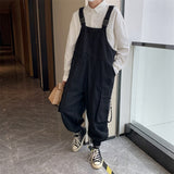 Foesce Suspenders Jumpsuit Pants Men Summer Overalls Japanese Loose Straps Casual Pockets Unisex Oversize Streetwear Solid Man Clothing