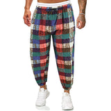 Foesce New Men Pants Casual Cotton Linen Baggy Pant Color-blocking Floral Drawstring Trousers Fashion Sweatpants Streetwear Male