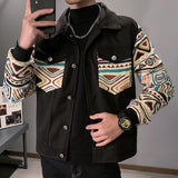 Fall Version Lapel Vintage Ethnic Pattern Stitching Jacket Mens  Motorcycle Jacket Korean Slim British Trend Casual Jacket