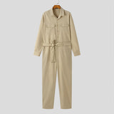 Fashion Men Cargo Overalls Solid Lapel Streetwear Long Sleeve Button Casual Jumpsuits Baggy Pockets Men's Rompers