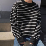 Fashion O-Neck Knitted Spliced All-match Striped Sweater Men's Clothing Autumn New Casual Pullovers Long Sleeve Korean Tops