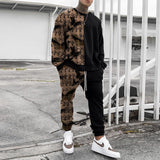 Foesce men's spring and autumn two-piece long-sleeved round neck T-shirt trousers casual loose printing transport suit