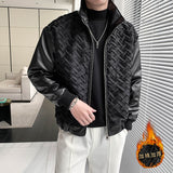 Winter Woven Spliced Leather Jacket Men Thicken Keep Warm Bomber Jacket Men Slim Fit Casual Business Outwear Parkas Coats