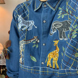 Giraffe Embroidered Zoo Denim Shirt Men Autumn New Vintage Style Casual Long Sleeve Casual Shirt Women Top Punk Style
