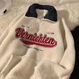 Winter Lamb Wool Hooded Sweatshirt Women Casual Thick Warm Loose Padded Jackets Coat  Hip-hop Retro Zip Up Patchwork Hoodies