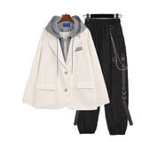 Foesce Spring New Streetwear Black 2 Piece Set Harajuku Loose Hooded Single Breasted Jacket+Handsome Cargo Pants Two Piece Outfits