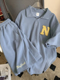 Waffle Sports Suit Unisex Summer Hong Kong Style Short-sleeved Shirt + Korean Lstter Shorts Casual Handsome Two-piece Set