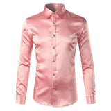 Foesce Pink Silk Satin Shirt Men Fashion Long Sleeve Mens Slim Tuxedo Shirts Casual Shiny Emulation Silk Button Down Dress Shirts