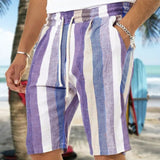 Foesce New Men's Casual Fashion Faux Flax Striped Shorts Linen Solid Color Short Trousers Male Summer Beach Breathable Flax Shorts