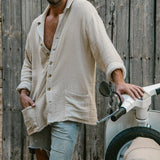 Foesce Men's White Casual Tops T Shirt Man Blouse Long Sleeve Vintage Cotton Linen Shirt Men Loose Baggy Shirts Silk Ropa Chemise Homme