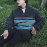 Wool Sweatshirt Men Fashion Stand Collar Zipper Patchwork Fleece Sweatshirts For Mens Clothing Casual Loose Long Sleeve Jumpers