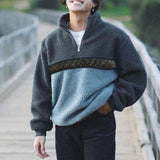 Wool Sweatshirt Men Fashion Stand Collar Zipper Patchwork Fleece Sweatshirts For Mens Clothing Casual Loose Long Sleeve Jumpers