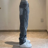 Foesce Retro Washed And Old Smoke Gray Stitching Jeans Slim Straight Casual Trousers Men And Women Spring New mens jeans
