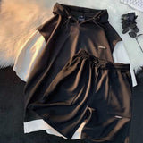 Foesce Summer Men's Large Size Sports Suit Breathable Casual Wear Wild High Street Chic Fake Two-piece Casual T-shirt + Simple Shorts